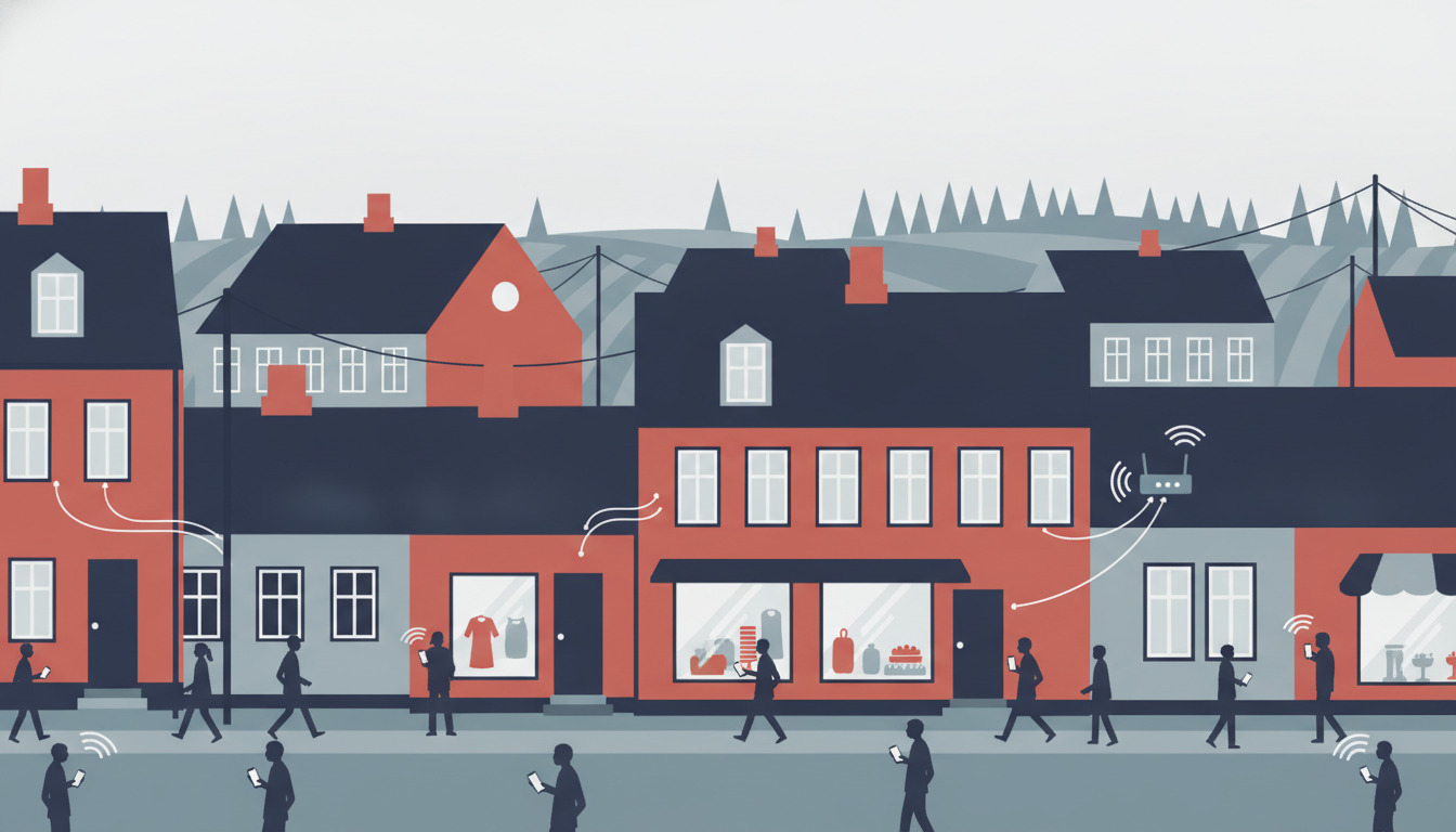 En moderne dansk bybande med røde og mørkeblå bygninger, mennesker med smartphones, og visuelle tegn på fiber-internet (wifi-symbiler, routere, signalbølger), der illustrerer digital forbindelse i byen.
