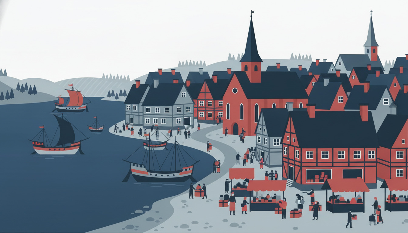 Middelalderlig dansk handelsstad Skælskør langs en kystindsejling med handelsskibe, bindingsværkshuse, rødbytning kirke med spir, torv og borgere i en 1300-tallers havnebymiljø.