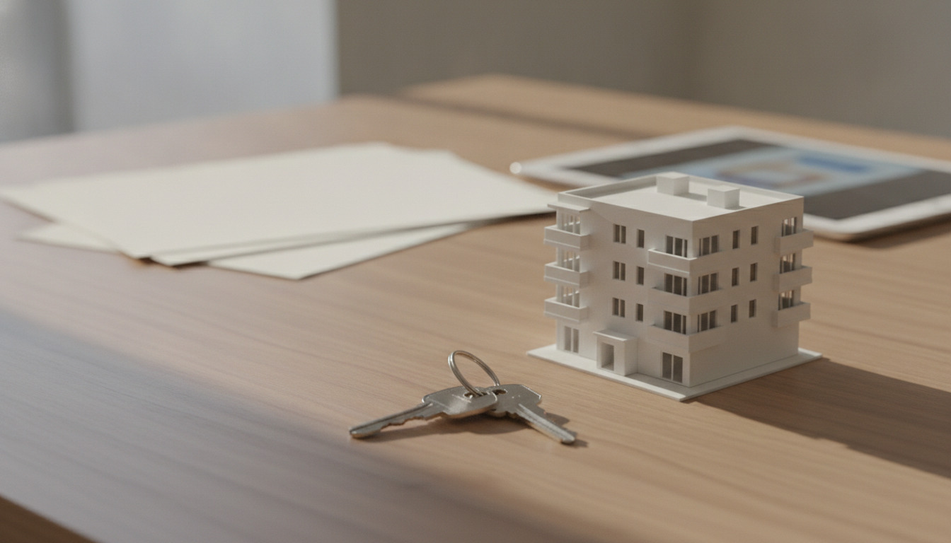 Nøgler og miniaturmodel af boligblok på træbord med papirer og tablet.