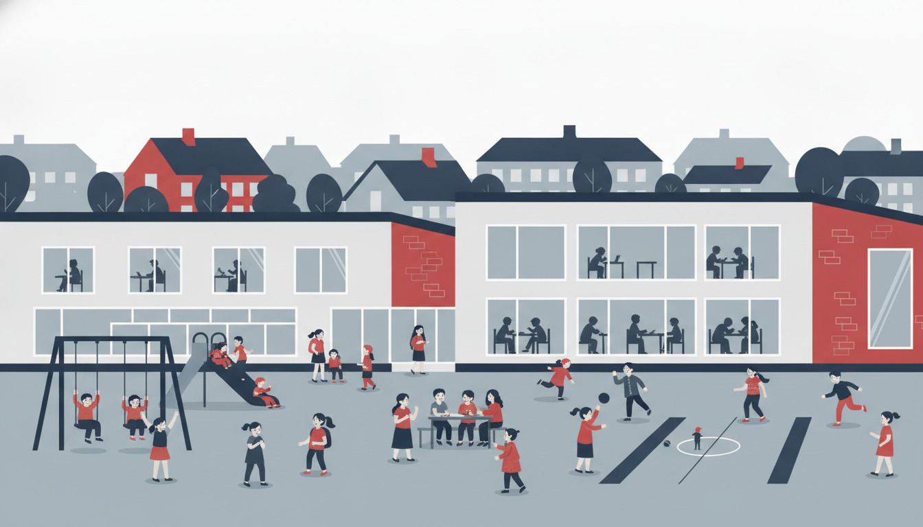 En dansk skolegård i Galten med elever i rødt og sort tøj, der leger og lærer foran en moderne skole med store vinduer og røde mursten, med boligbygninger i baggrunden.