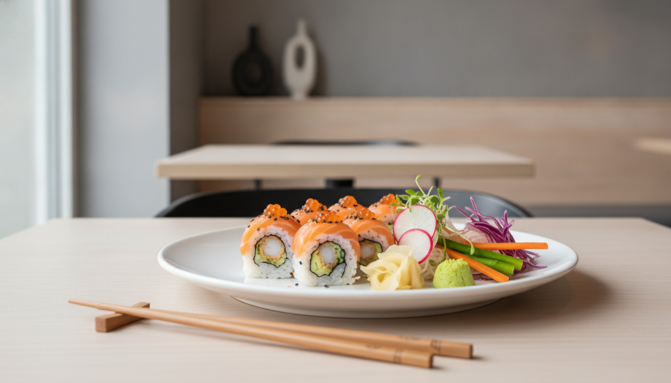 Nærbillede af elegant servereret sushi-plade med friske ruller, grøntsager og tilbehør på hvidt keramik.