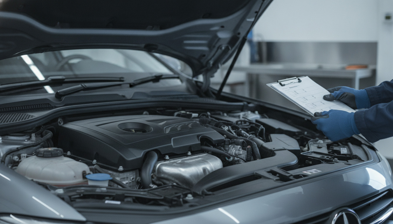 Mekanikerhænder i blå handsker holder inspektionsskema ved åben bilhjelm med motor synlig.