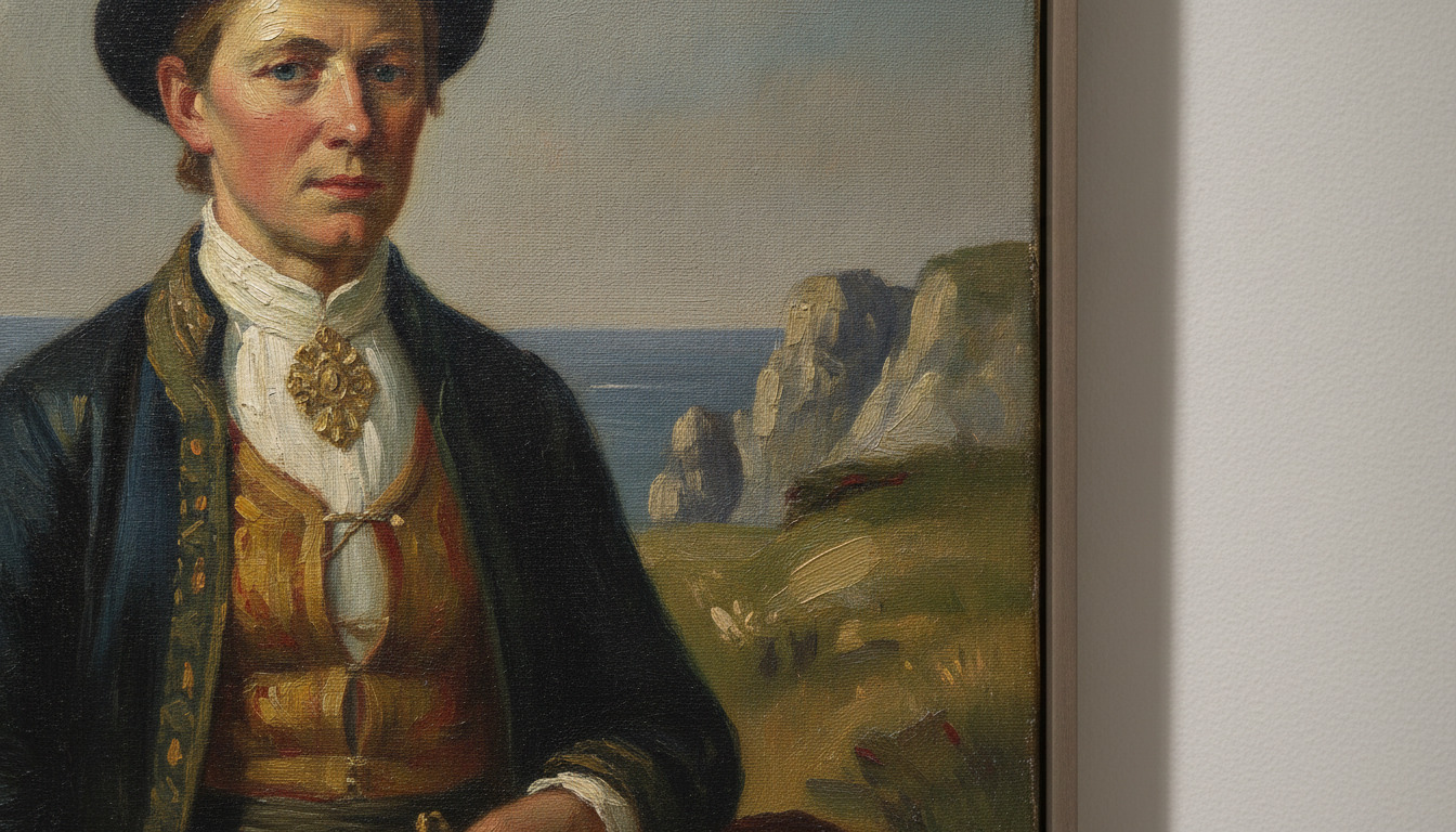 Detalje af klassisk maleri med tekstur og farvepalette på museumsvæg.
