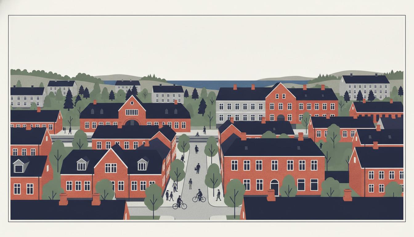 Fladvektor-illustration af Børkops bycenter med røde mursten-bygninger, træbeplantede gader, bysbørn og cykelister, bølgende landsdel og fjern vandområde – som indfanger den historiske jernbanebyts karakter.