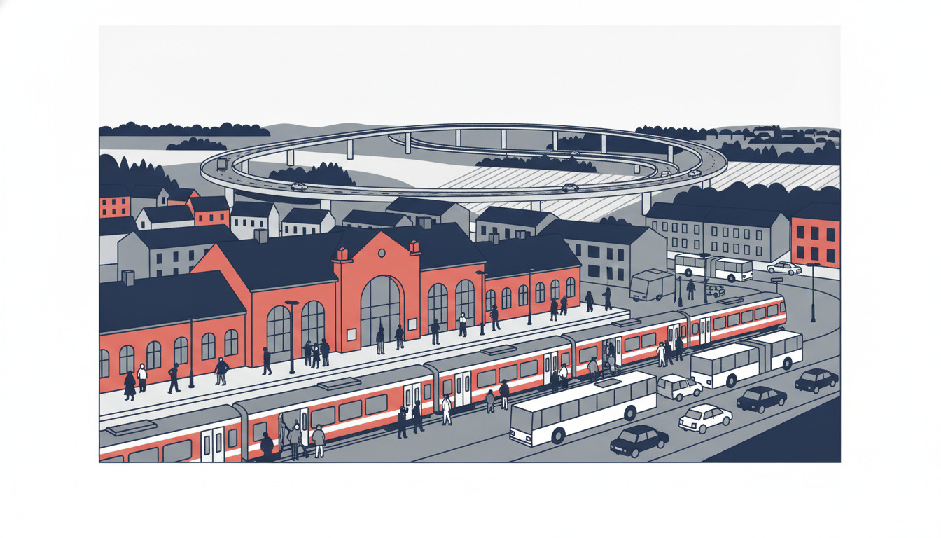 Fredericia Stations røde mursten-bygning med tog ved platforme, passagerer der stiger ombord, omgivet af busser og biler, med moderne motorvejsbroer synlige over tagudsigten—Danmarks vigtige transportknudepunkt.