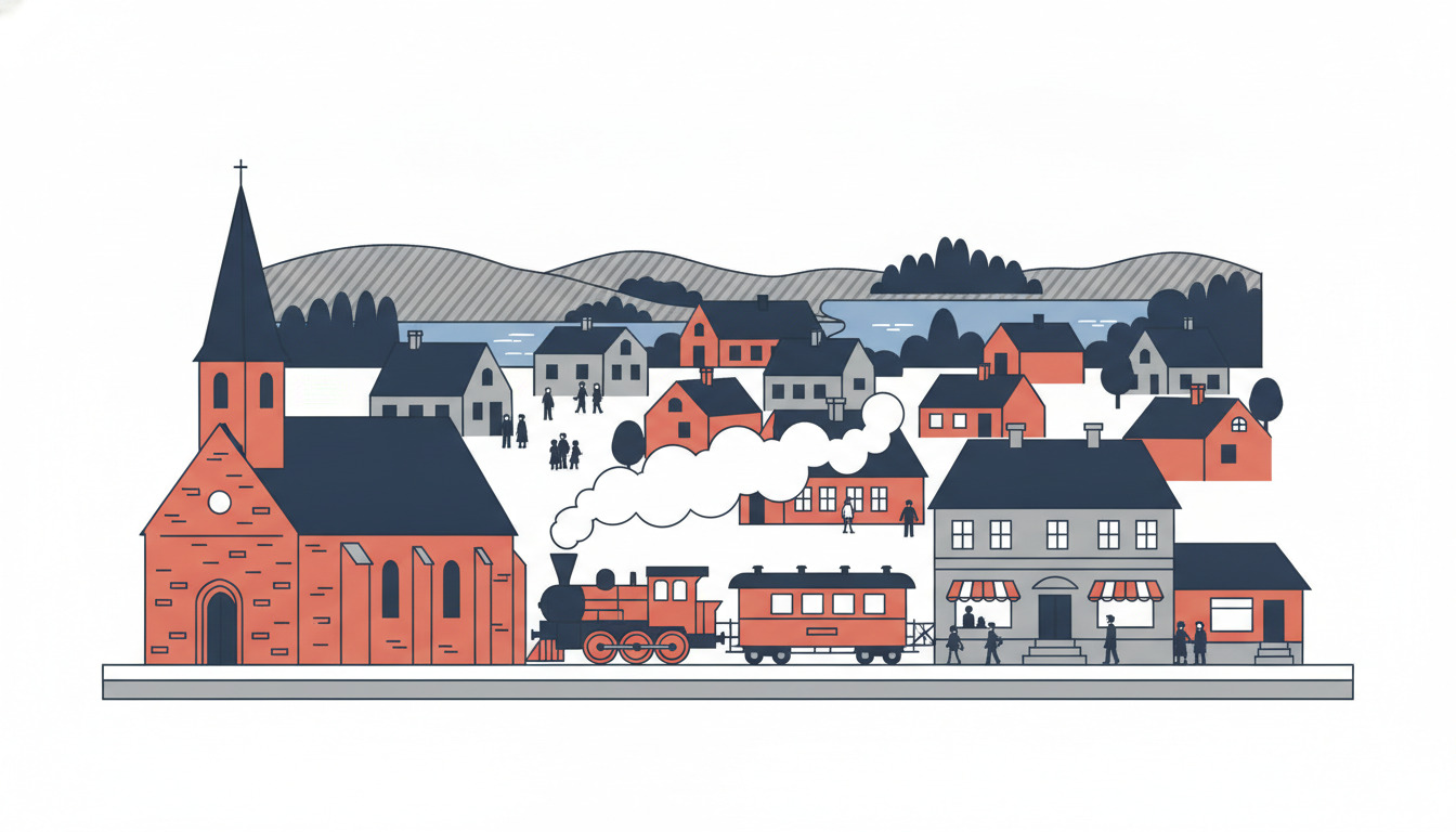 Bryrup's kulturelle landemærker: en rød-mursten romanensk kirke med høj spir, vintage damptog ved stationen, og et samfundsmødelokale med forsamlede lokalbefolk, sat i et charmerende småby-landskab med bakker og søer.