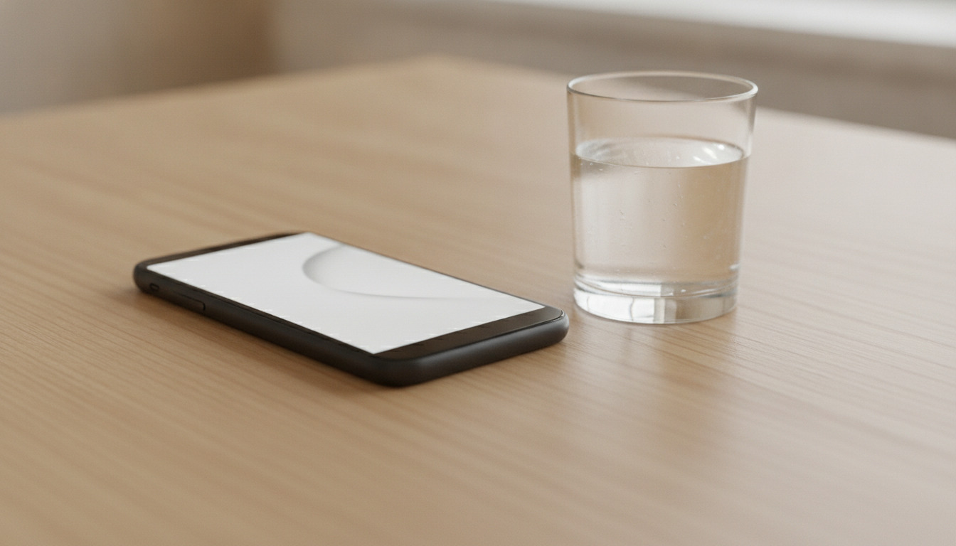 Smartphone med vejr-app på træbord ved siden af glas vand i naturligt lys.