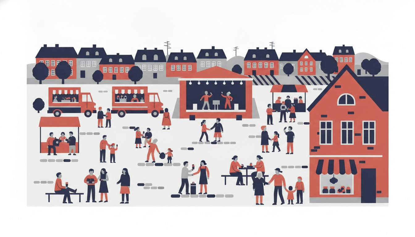 Farverig byplads med mennesker, der nyder gademarkeder, foodtrucks, og livemusik fra scene – dansk arkitektur i baggrund.