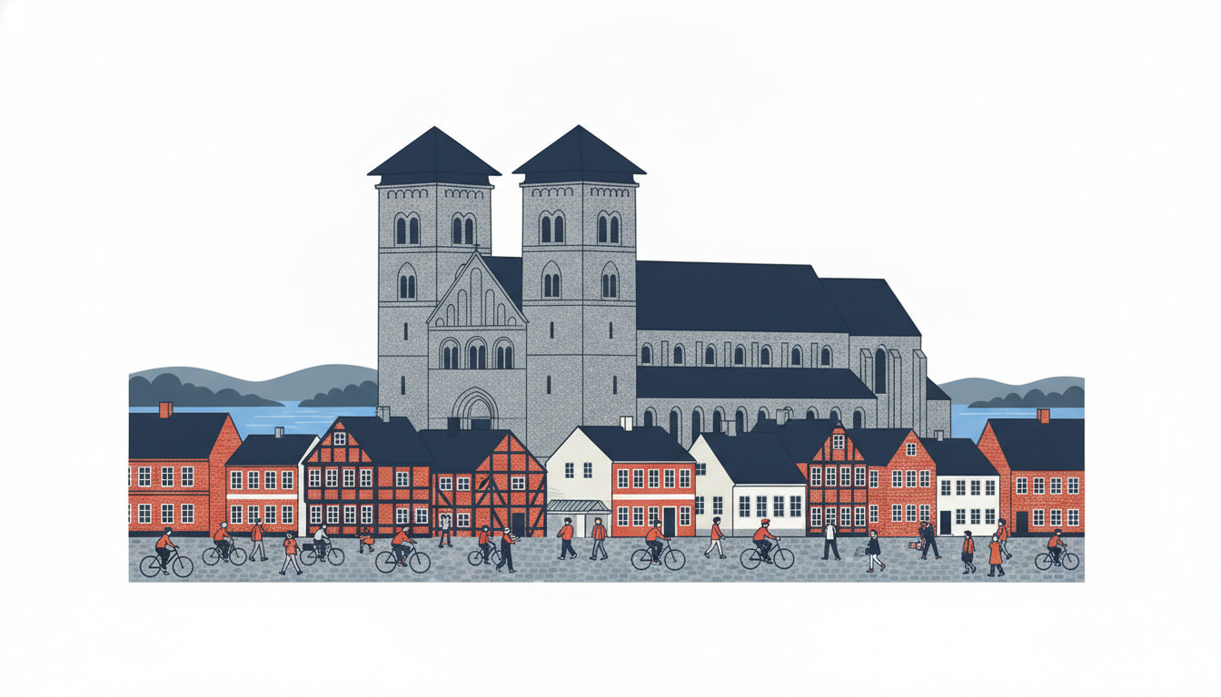 Illustration af Viborg med domkirkens to grå granittårne med lave pyramidetage, den gamle bydels gader og bindingsværkshuse, og søerne bag tagene.