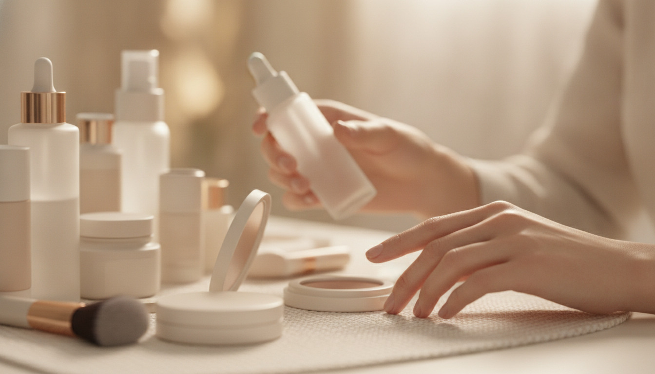 Kosmetik- og hudpleje-produkter på hyldekant med hænder i varm belysning.