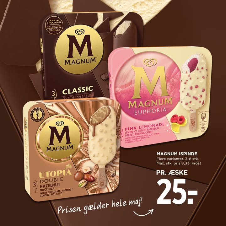 Magnum til 25 kr. pr. pakke hos Meny Randers i maj