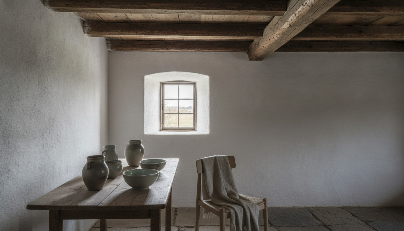 Historisk stue med træbjælker, hvidkalket væg, lille vindue og simpelt møblement i nordisk stil.