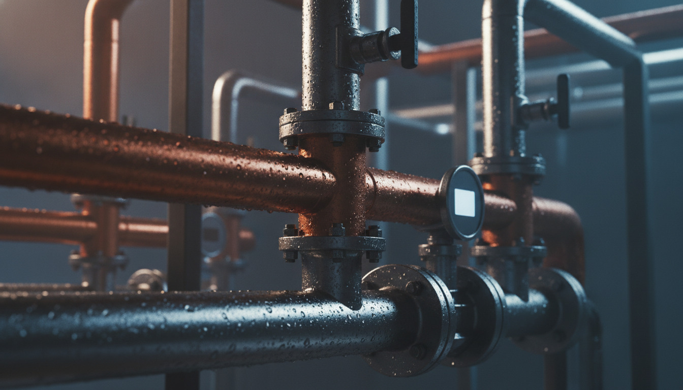 Tæt billede af industriel rørledning med vanddråber på metal og ventiler i varmt lys.
