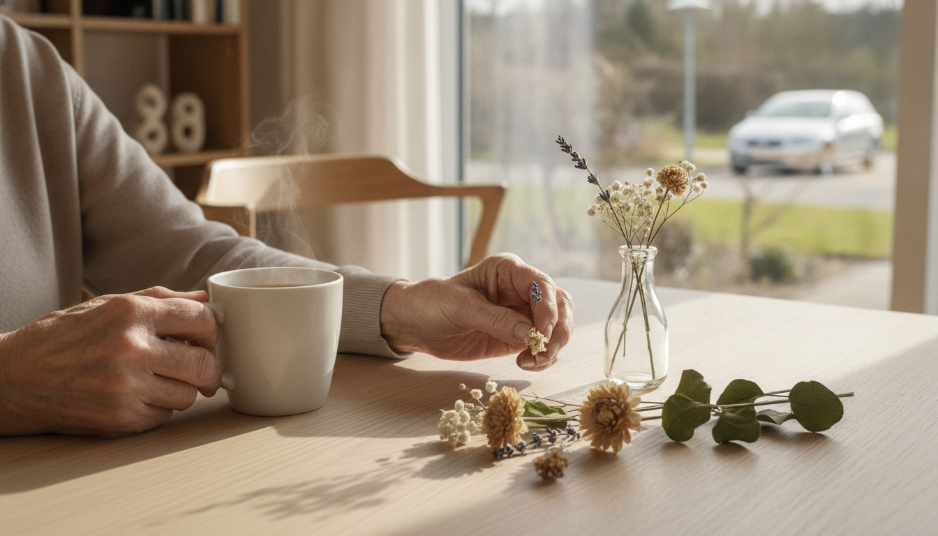 Ældre persons hænder holder krus og arrangererer tørrede blomster på et træbord i varmt dagslys.