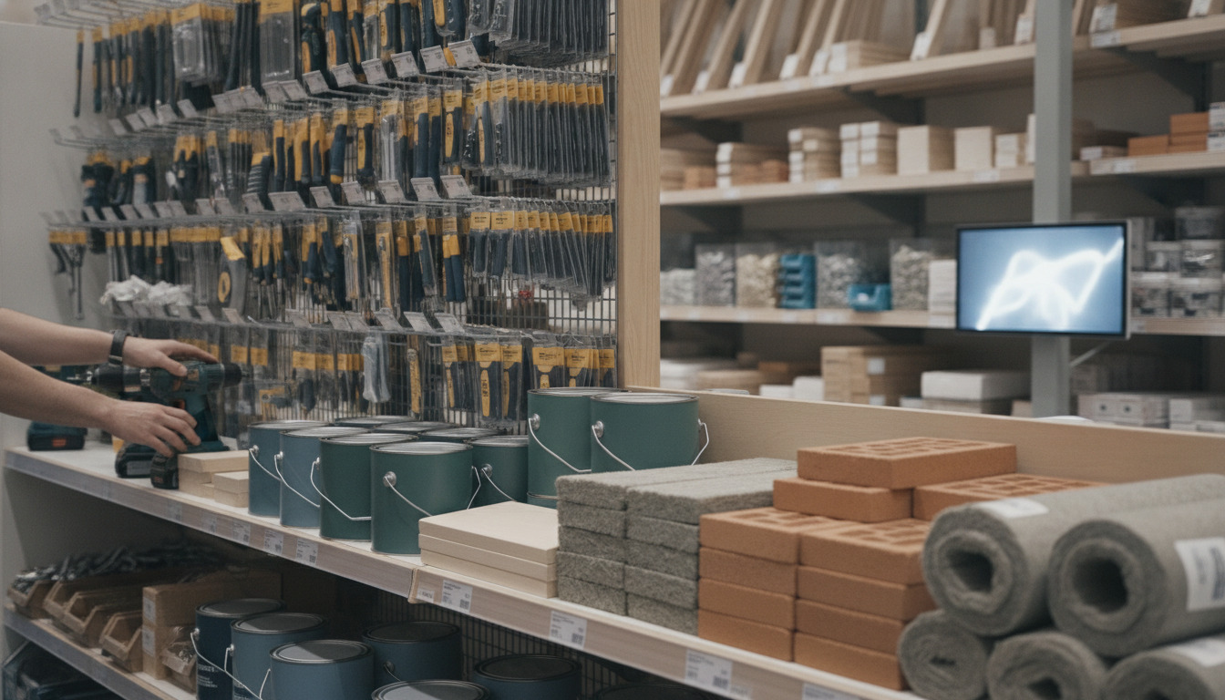 Hænder griber efter maling og byggematerialer på en butiksdisk med værktøj og varer omkring.