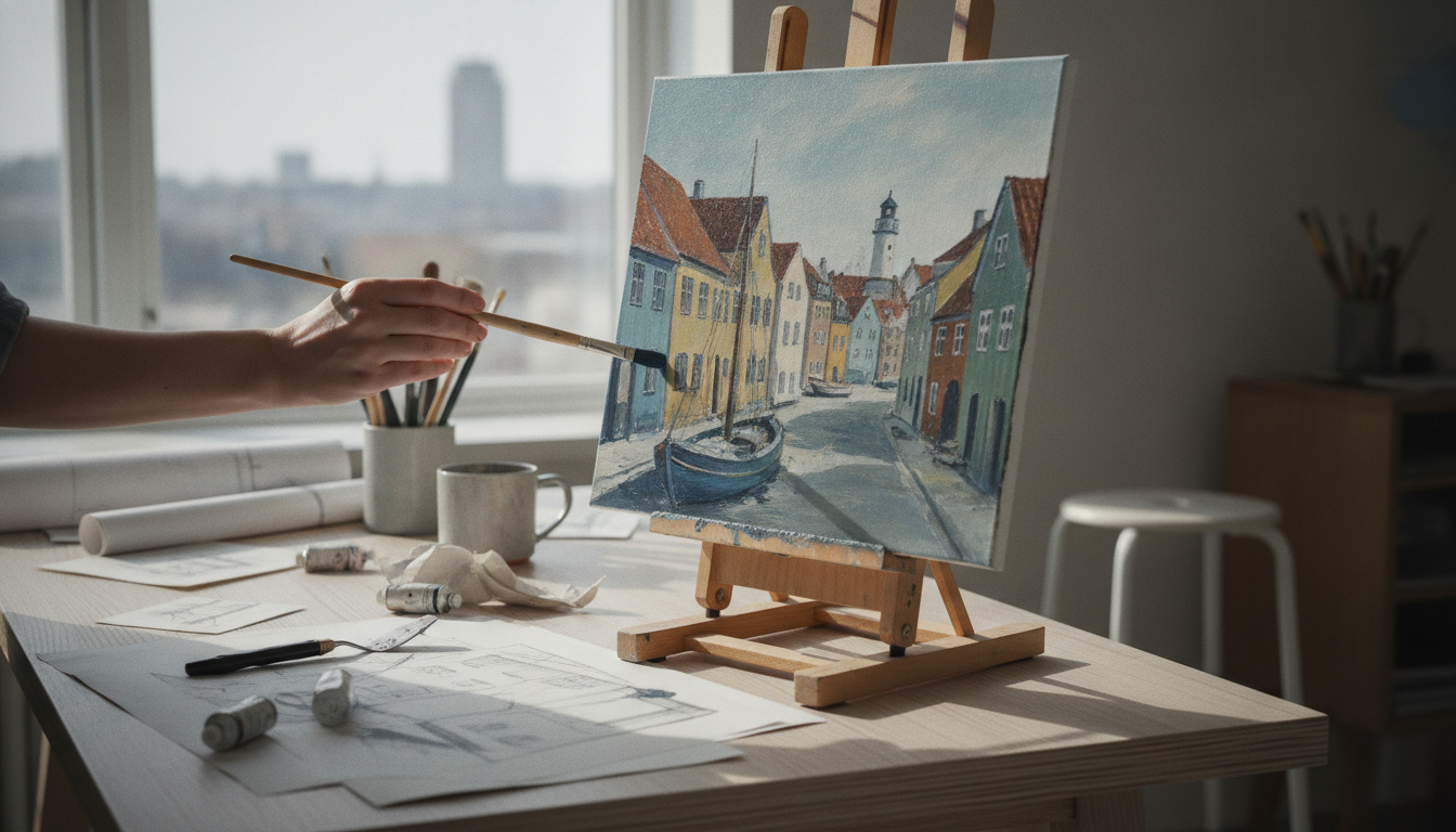 Kunstners hænder arbejder med pensel på et abstraktmaleri ved studio-arbejdsbord fyldt med skitser og kunstmaterialer i naturlys.