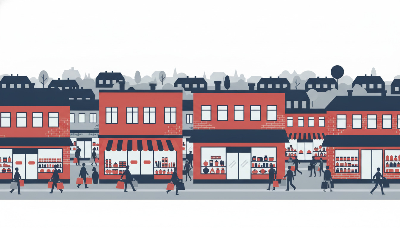 En travl indkøbsgade i Albertslund med røde og grå supermarkedsfacader, butiksvinduer med varer, mennesker med indkøbsposer og boligblokke i baggrunden.