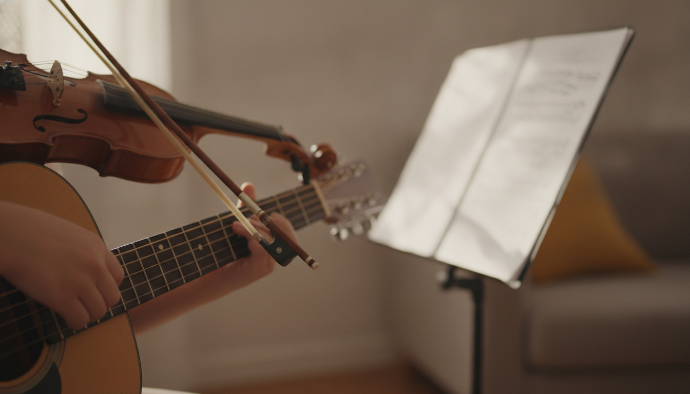 Børnehænder spiller guitar med noder sløret i baggrunden i varm naturligt lys.