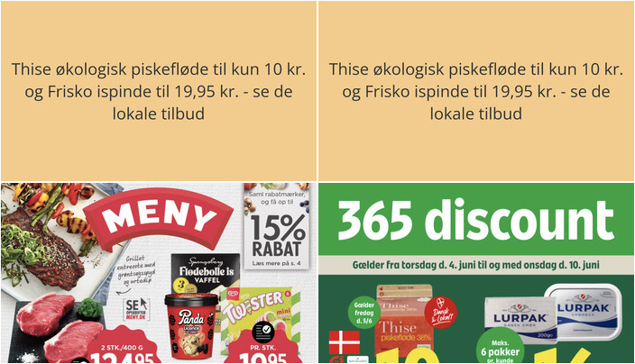 Thise økologisk piskefløde til kun 10 kr. og Frisko ispinde til 19,95 kr. - se de lokale tilbud