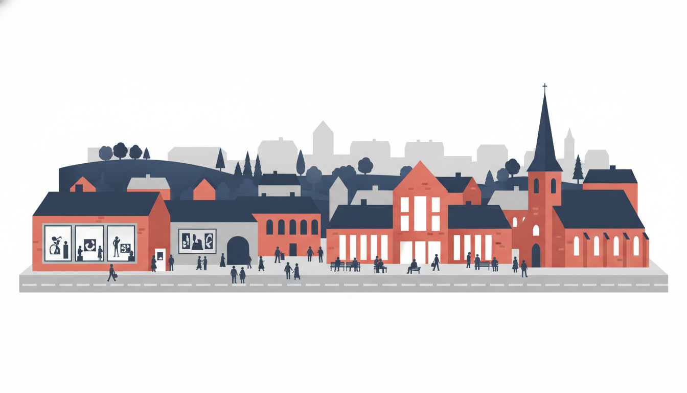 Dianalands kulturelle hub: kunstgalleri med vinduer, museum, kulturhus med mennesker, historisk kirke med spir, omgivet af dansk landsby.