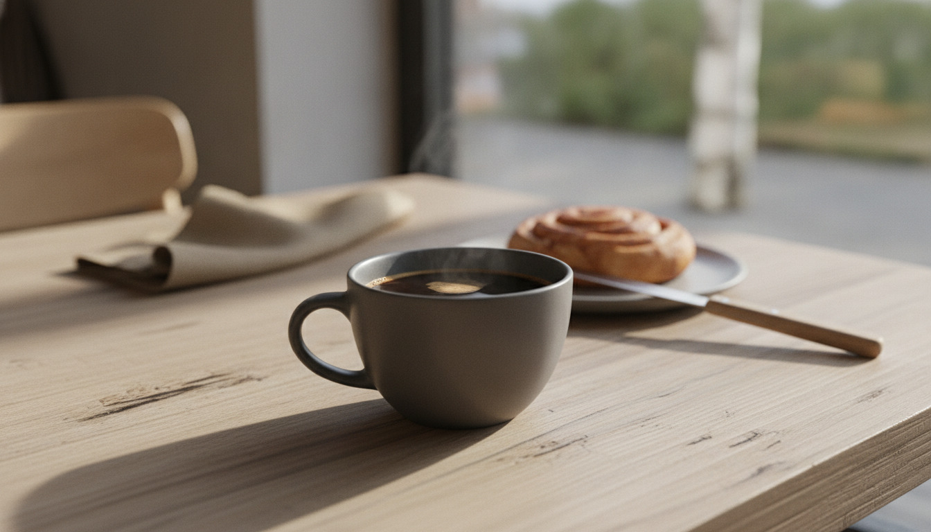 Kaffekop med espresso og kanelsnegل på træbord på café.