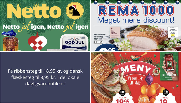 Få ribbensteg til 18,95 kr. og dansk flæskesteg til 8,95 kr. i de lokale dagligvarebutikker