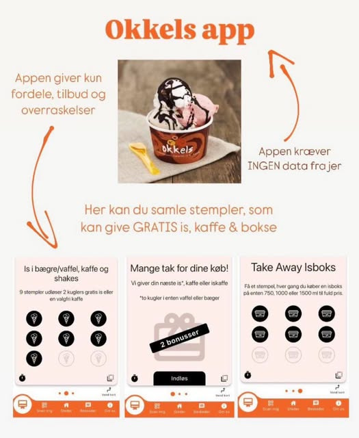 Okkels tilbyder gratis is efter 9 stempler i appen