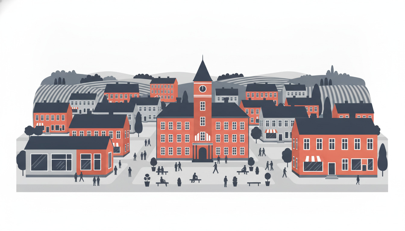 Fladvektor-illustration af Brønderslev bymidte med en fremtredende rødt murstens rådhus med et urnetårn i centrum, omgivet af offentlige bygninger, boligstrukturer i orange og grå, og et torv med borgere der samles og træer.