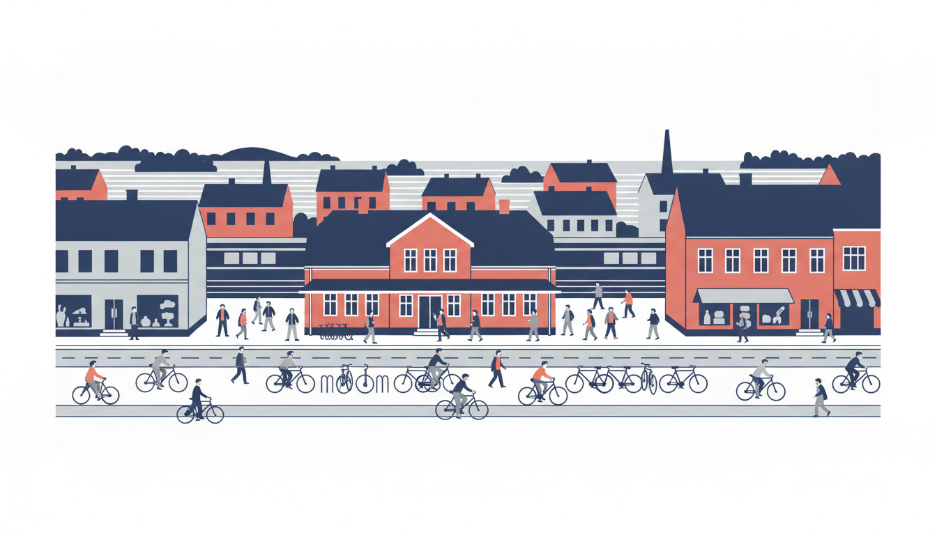 Hornbæk togstation med cyklister og fodgængere på en travl gade, rødt-mursten stationsbygning, cykler og dansk kystnavn-backdrop.