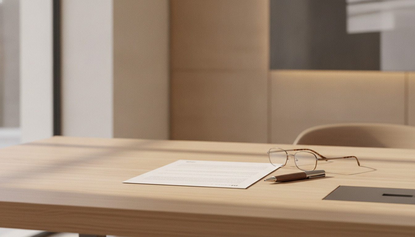 Træbord med finansielt dokument, læsebriller og pen i minimalistisk, moderne indretning.