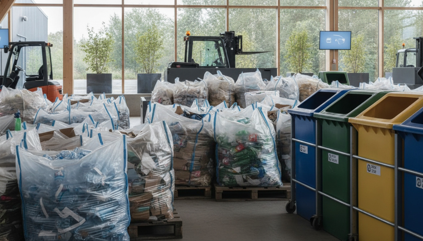 Sorterede affaldsmaterialer i gennemsigtige plasticposer og farvede genvindingsbeholdere på et dansk affaldsanlæg.
