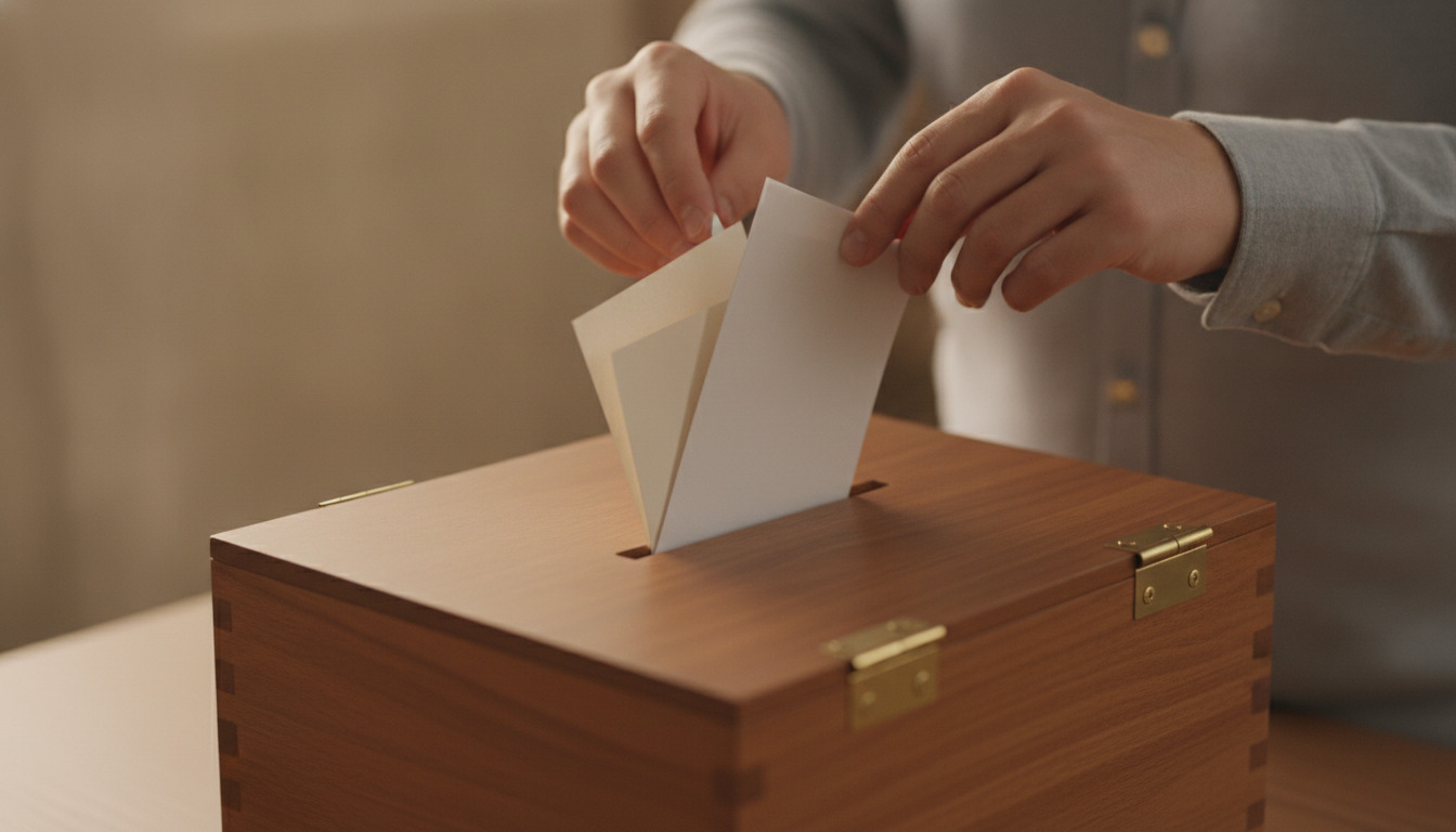 Hænder lægger stemmeseddel i træ-stemmekasse ved bord – symbol for lokal demokrati og borgerbetaling.