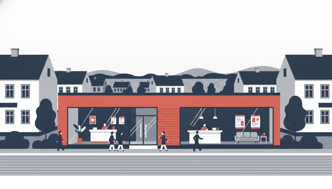 Moderne klinik med rødt facadepaneler, store vinduer og glastakdørning fremhæver receptionsdesk og venteværelse. Dansk bygninger og beboerkvarteret bag, mennesker ankommer til helbredscentrum i Allingåbro.