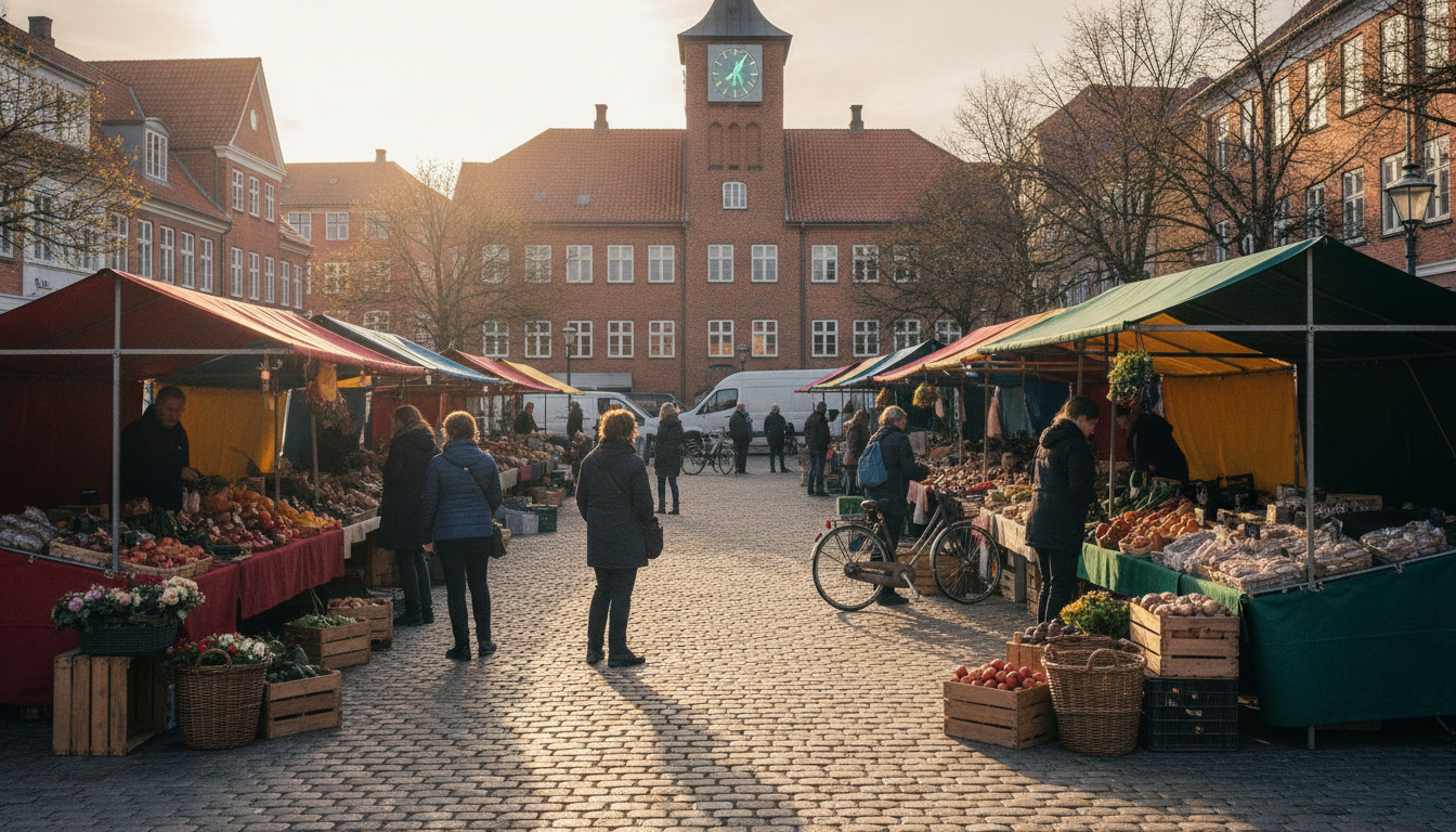 Tæt udsyn af grøntsagsstand på marked med kurve fyldt med rodfrugter og blomster, anonyme mennesker ses bagfra.