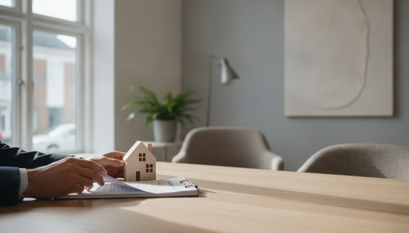 Hånd på finansielle dokumenter med lille hus-model på træbord, nærbillede.