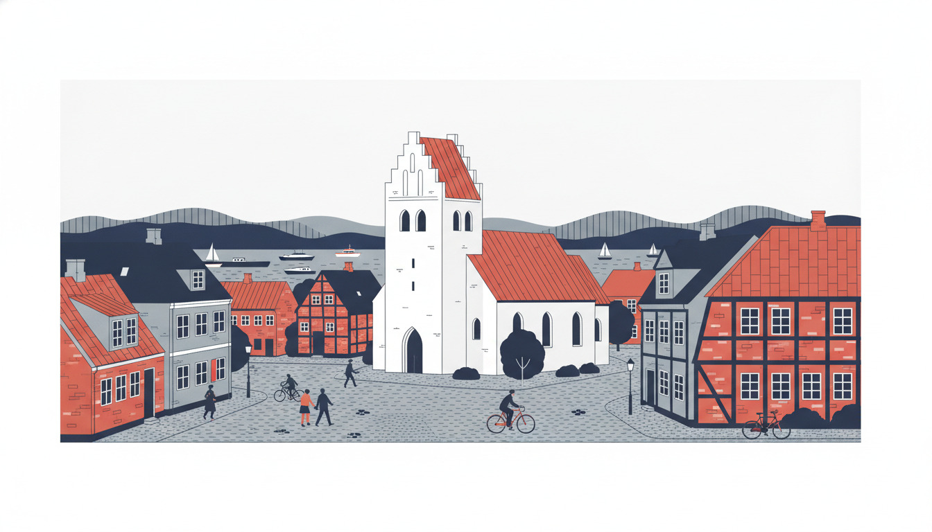 Fårborgs charmerende middelalderlige torv med det ikoniske hvidt kalket Fåborg Kirke med rødt tag og vesttårn, omgivet af bindingsværkshuse, brosten, bakker og både i den fjerne havn.