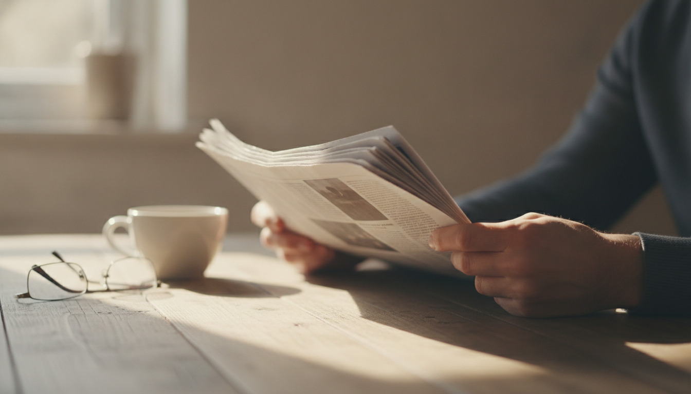 Hænder holder en avis på træbord ved kaffe og briller i naturligt lys.