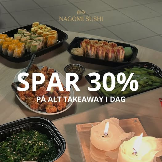 Nagomi Sushi tilbyder 30% rabat på takeaway i dag