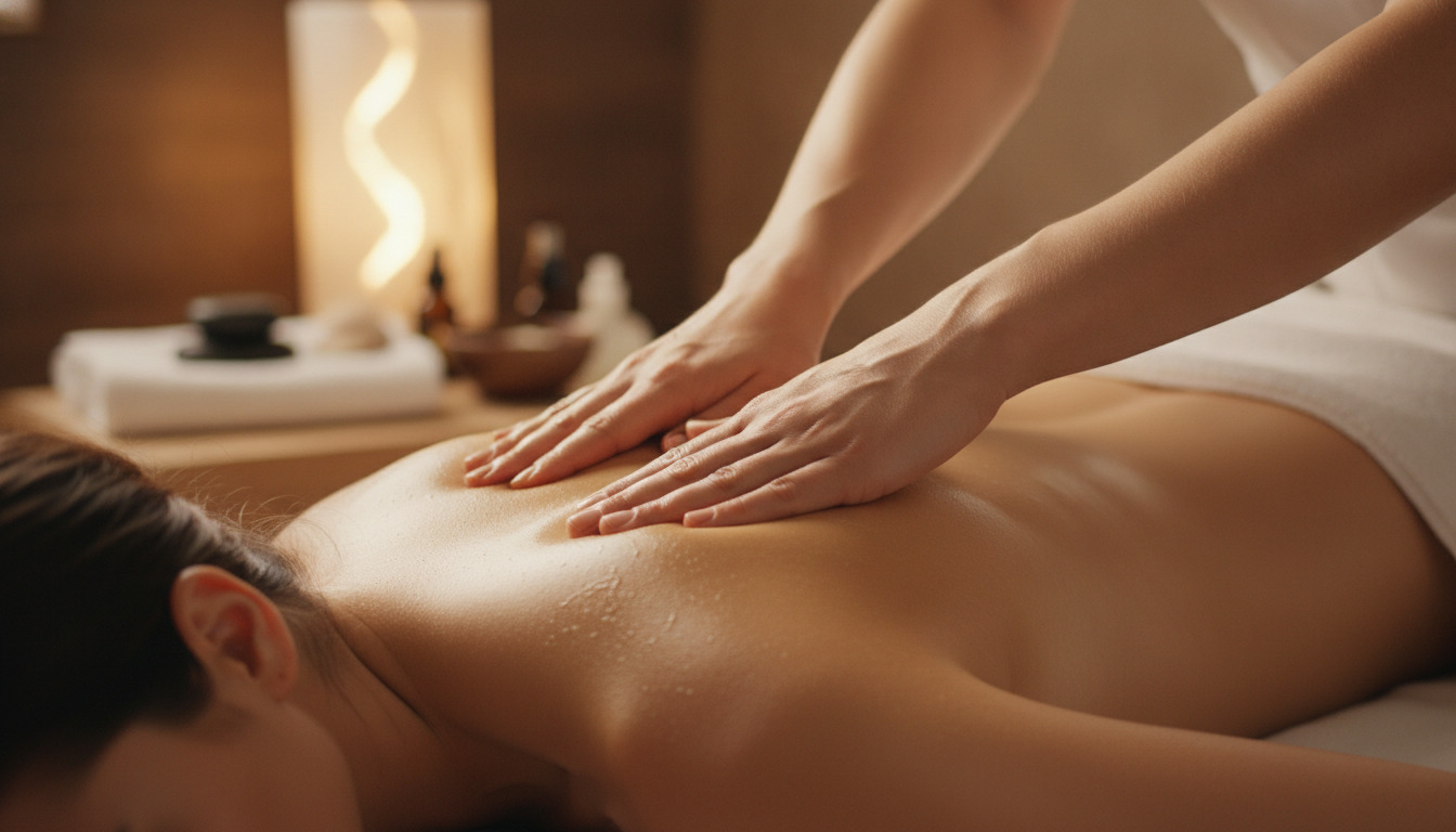 Terapeutiske hænder masserer en persons ryg under spa-behandling i varmt lys.