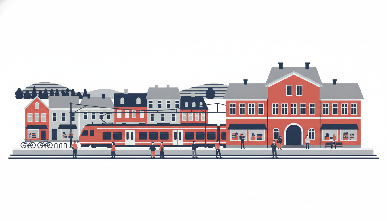 Togstation på Give med rød regionaltoget, passagerer, cykler, luftledninger og rødt-teglmureret stationsbygning med grå tag mod byhorisont.