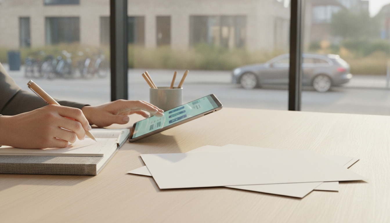 Hænder arbejder på tablet ved skrivebord med papirer og penneholder; udsigt gennem vindue i baggrund.