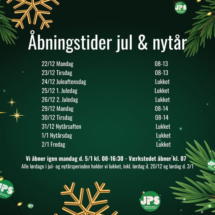 Åbningstider hos JPS Entreprenørmateriel I/S i jule- og nytårsperioden