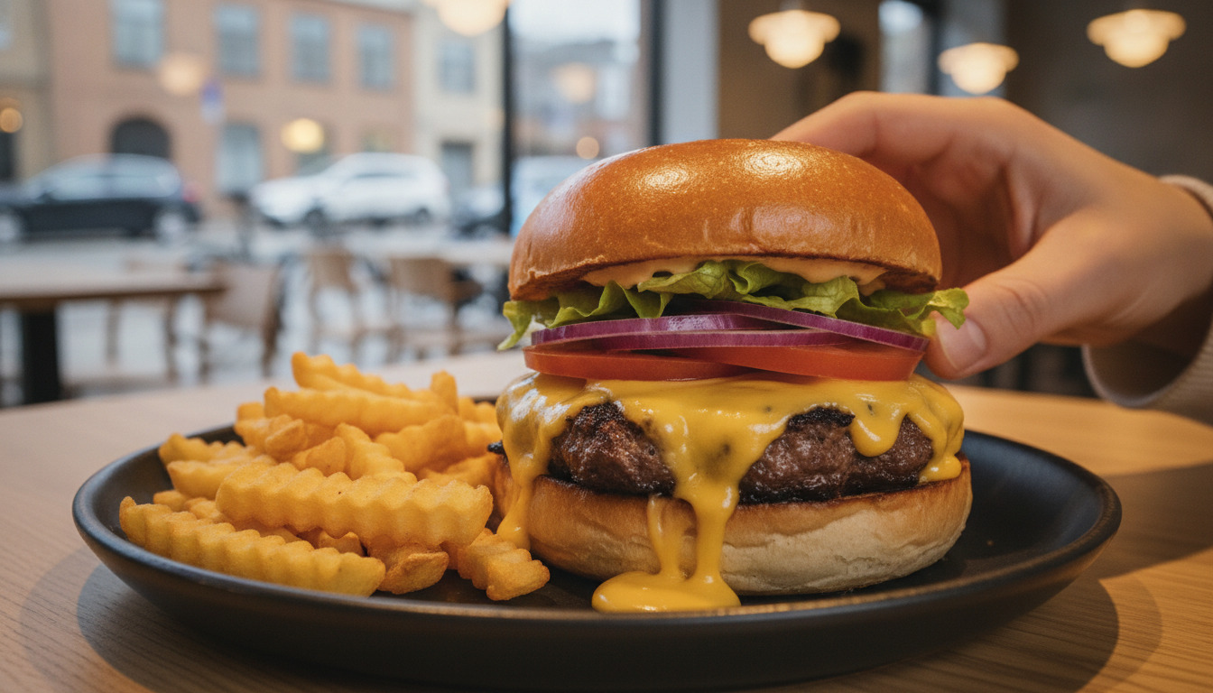 Tætbillede af en smashburger med smeltet ost, friske toppinger og sprøde pommes frites på en mørk tallerken, holdt af en hånd.