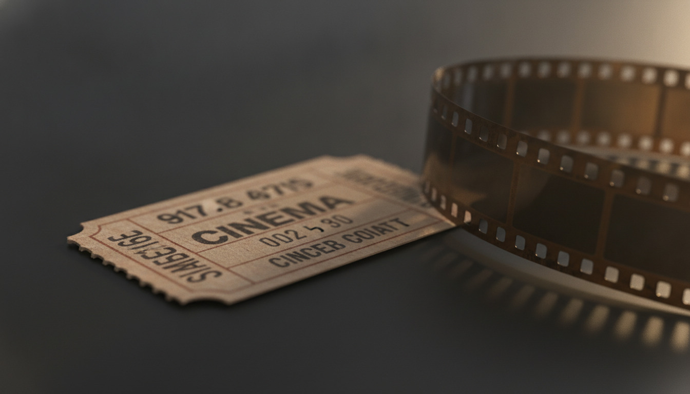 Vintage filmstrimmel og biografbillet i varmt lys mod mørk baggrund.