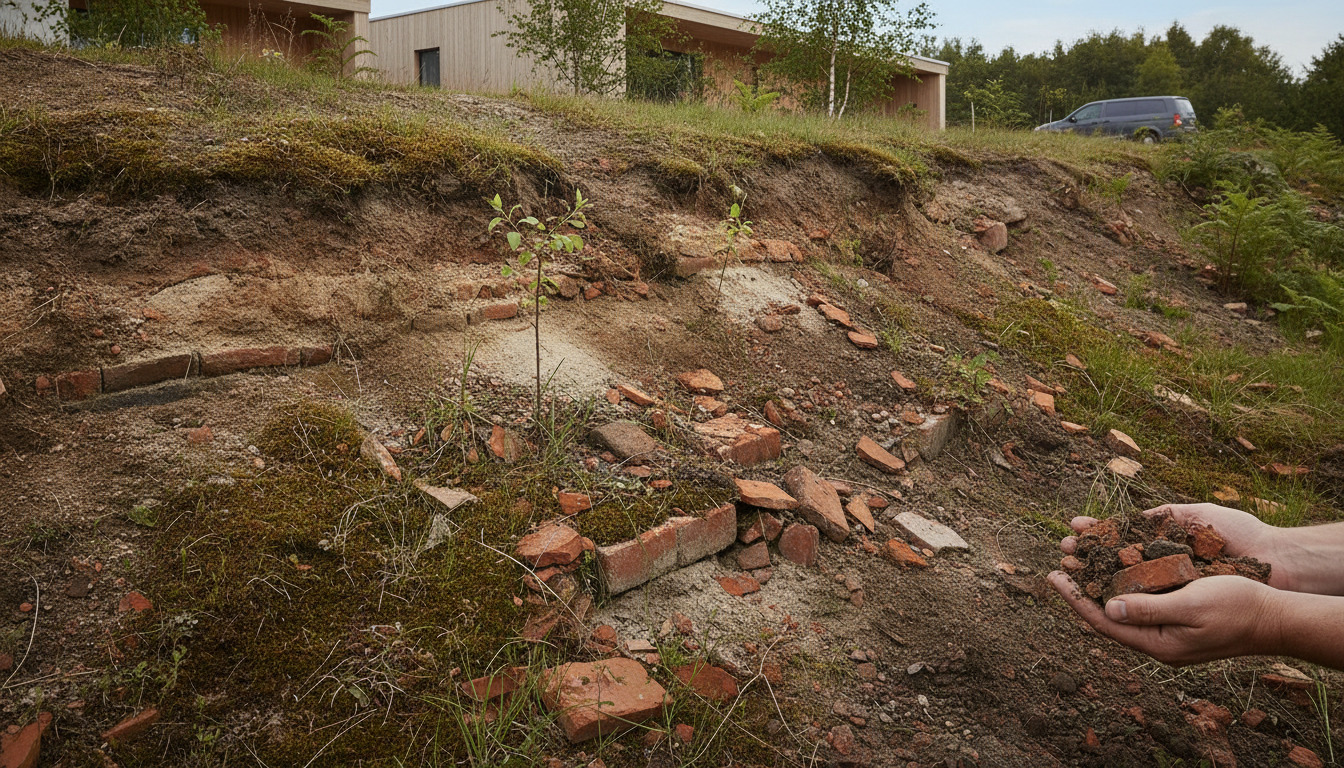 Hænder holder brokker af ældet tegl og jord, symbol på genbrugsmaterialer og naturlig landskabsregenerering.