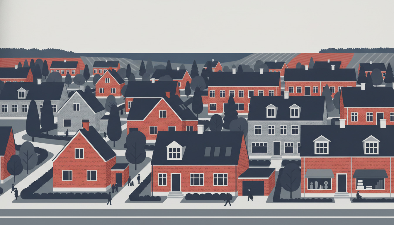 Flad vektorillustration af et boligkvarter i Hobro med røde mursten-parcelhuse, villaer og rækkehuse blandt cypress-træer, spidse tage og skorstene, med skovlandskab i baggrunden.