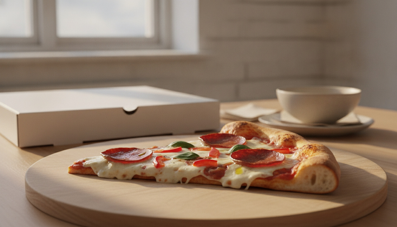 Tætsluttet billede af en friskbagt pizzaskive med smelt ost, pepperoni og rødt peberfrugt på træbræt.