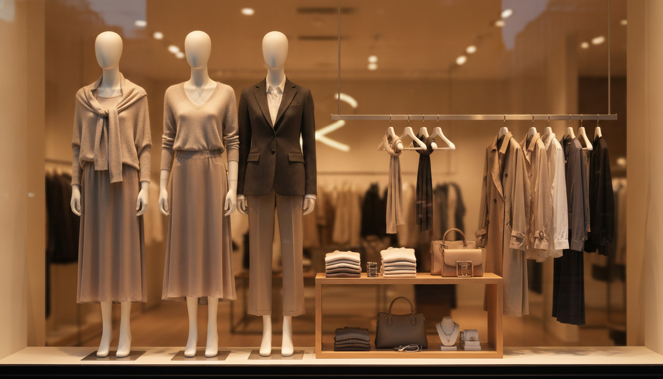 Detaljeret butiksvinduesudstilling med tøj på mannequiner og hylder med accessories i varmt lys.