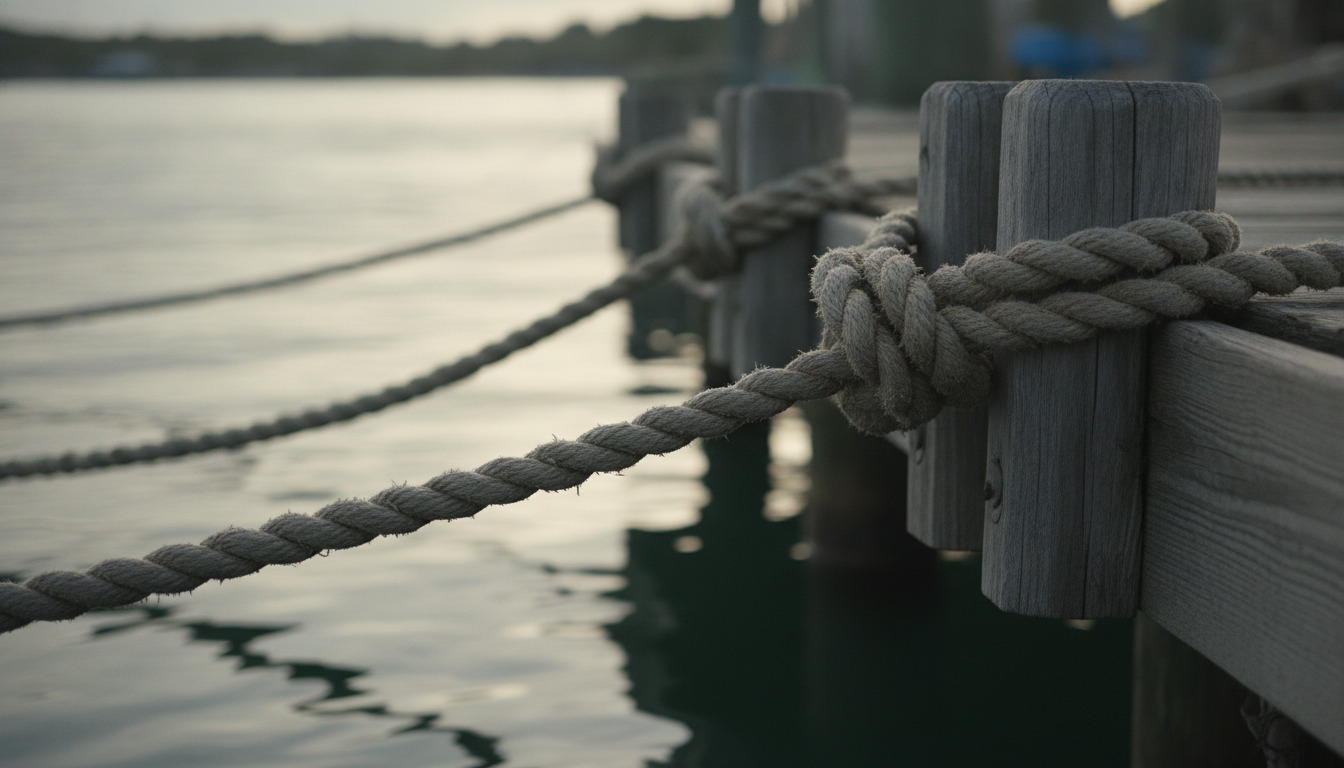 Detaljebillede af sejlerknalder og sejlertov knyttet til en dock med vejrslidt træ.