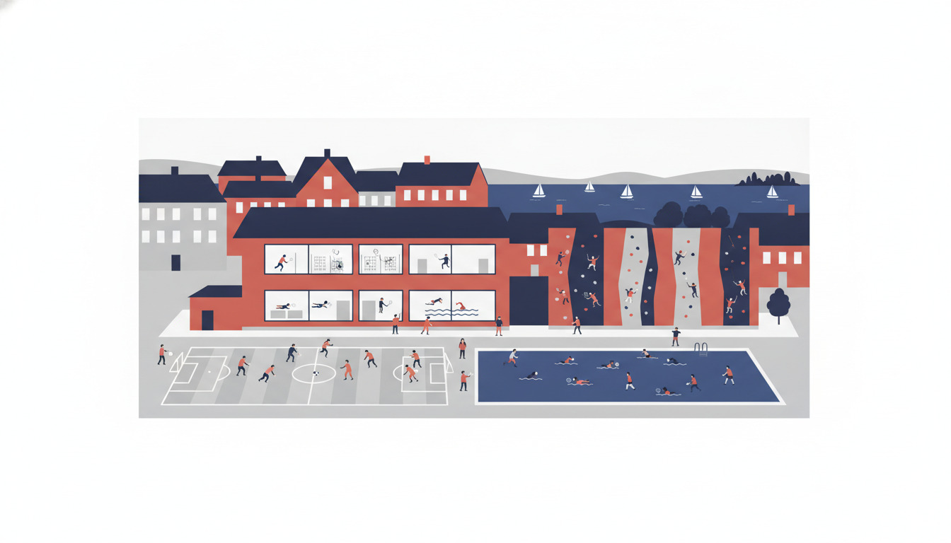 Fladt-vektorillustration af Skælskør sportshub med fodboldkamp, svømmebassein, indendørs idrætsanlæg med badmintonbaner og klatrevægge, sejlbåde på fjorden i baggrunden.